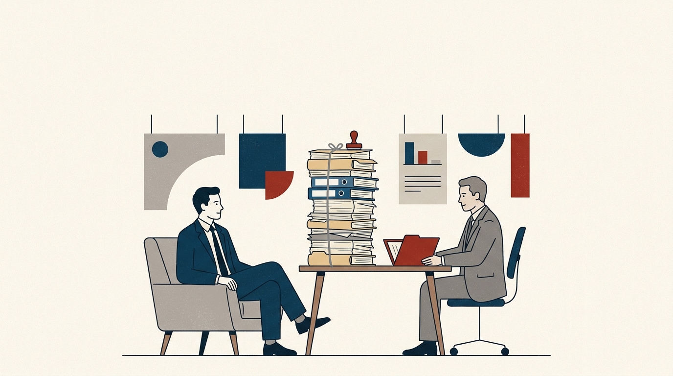A pre-exit business owner sits across a desk from a bank loan officer, calm and patient, while a tall stack of paperwork and folders piles up between them, suggesting weeks of delay.