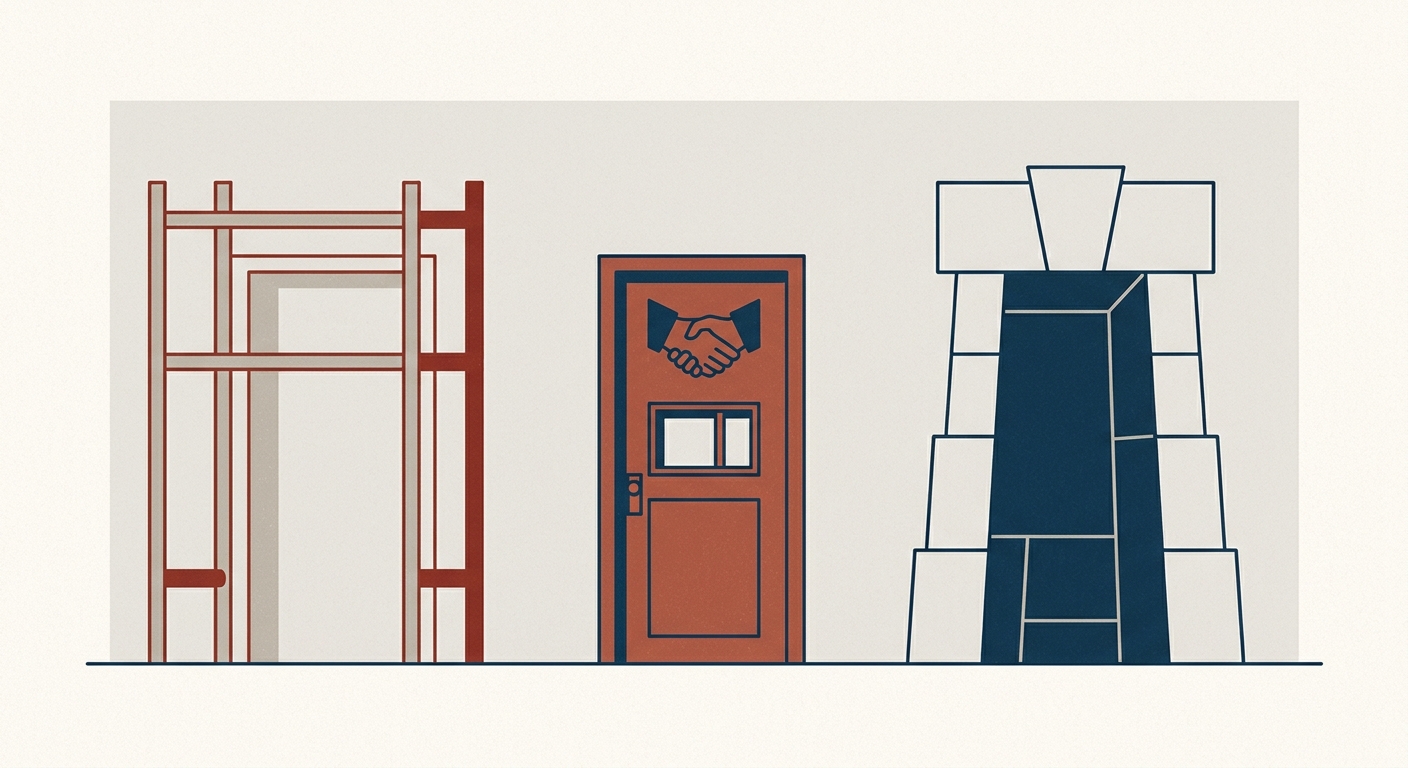Three doorways side by side representing three kinds of financing: a fast, temporary scaffold-like frame on the left for bridge debt, a warm wooden small-town bank door with a handshake in the middle for local bank debt, and a tall solid institutional stone door on the right for agency debt.