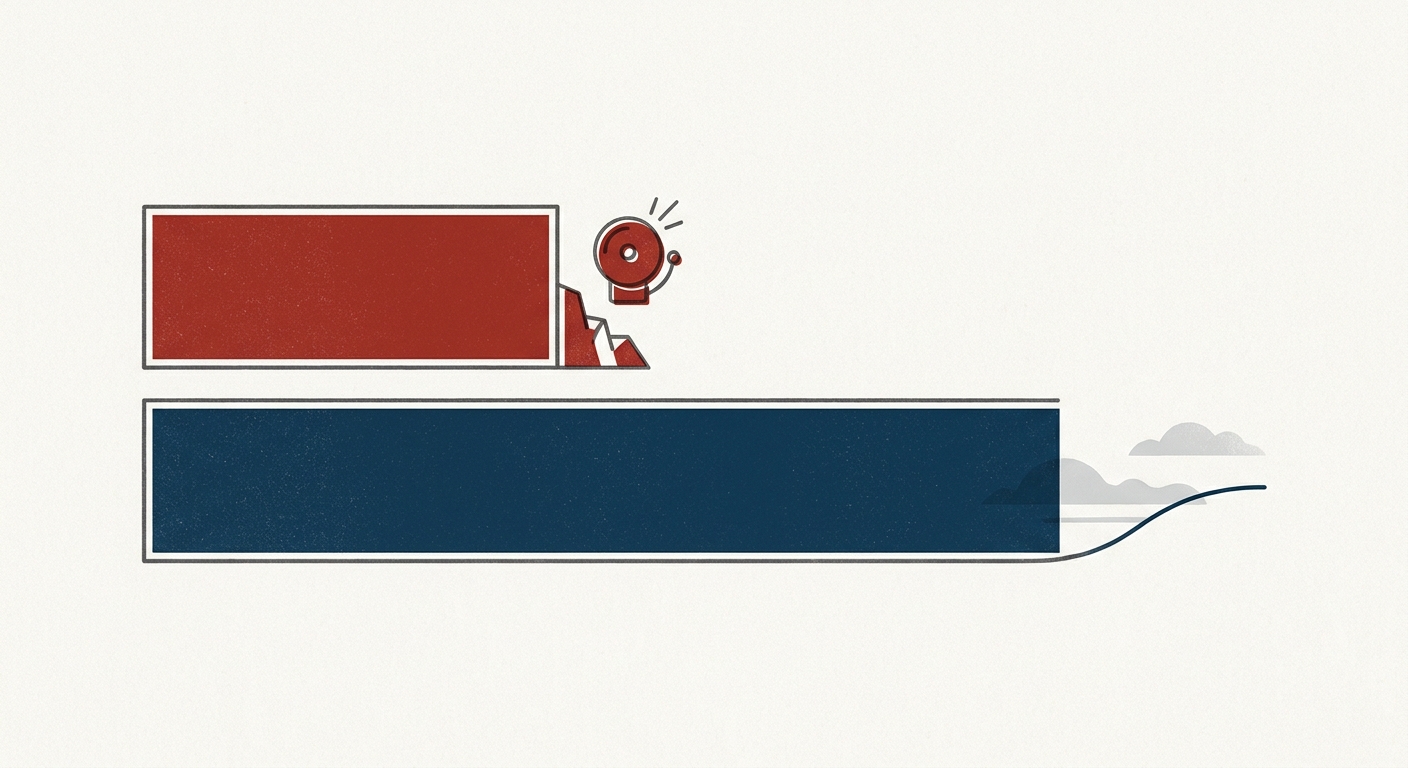 A diagram of two horizontal bars. The top bar is short and brick red, ending early at a cliff edge with an alarm bell. The bottom bar is long and navy, extending much further toward a calm horizon. A short loan ending before a long plan finishes.