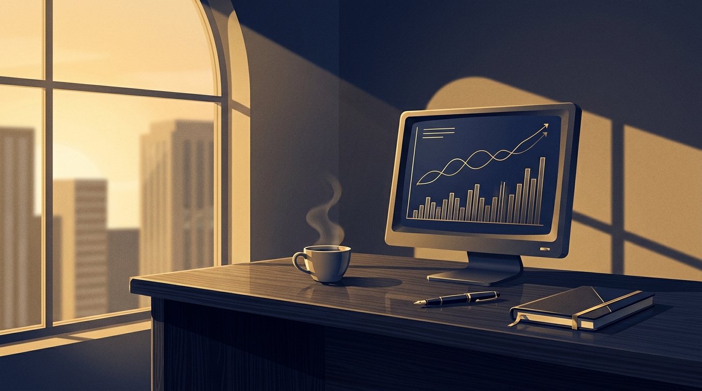 A quiet operator's desk at dawn, first light through an arched window, a single monitor showing a clean financial dashboard with charts and a steady upward line, a cup of coffee, a fountain pen, and a closed notebook.