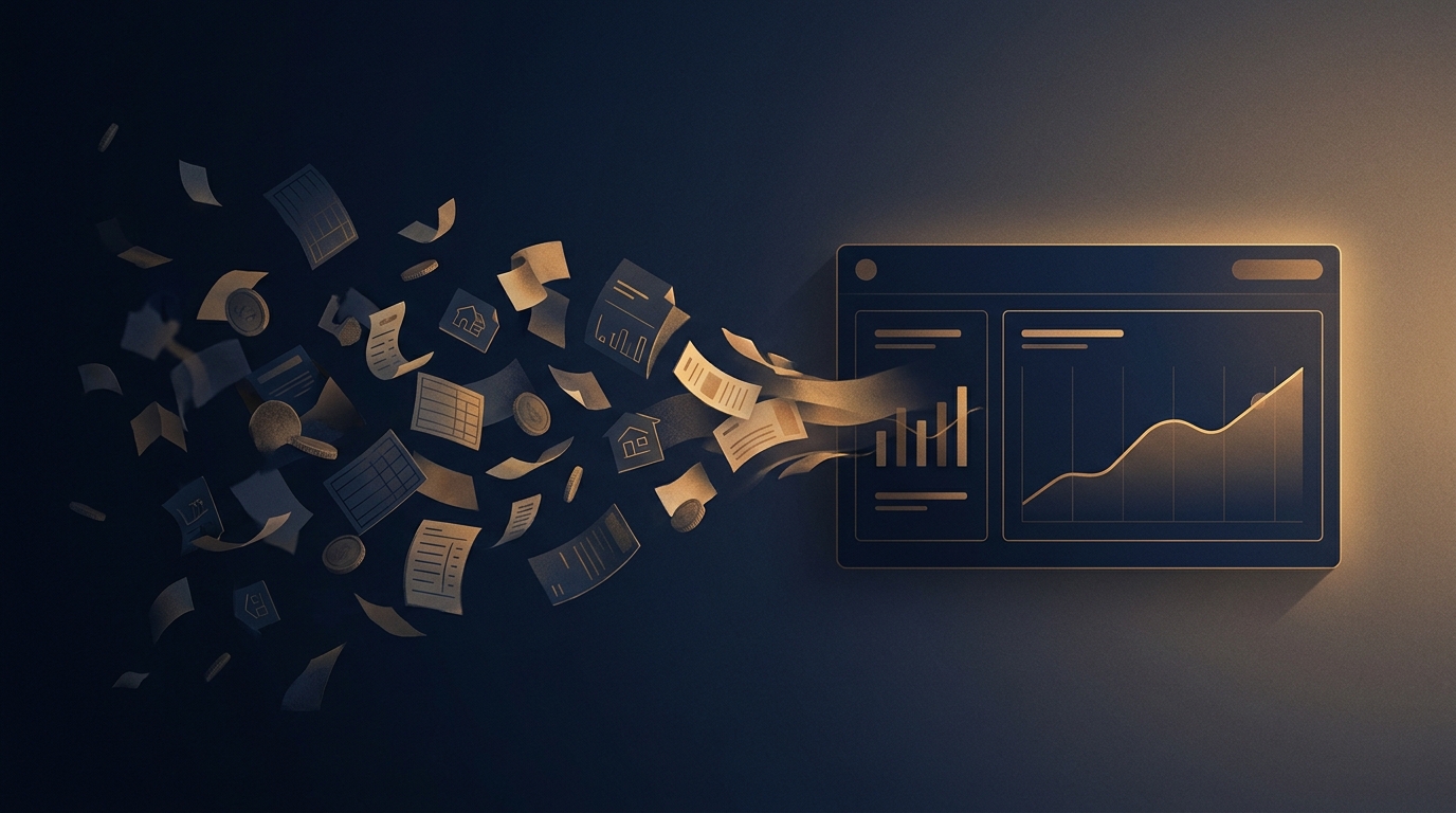 Scattered paper statements, ledger cards, property icons, and coins on the left, flowing and converging into a single clean, glowing dashboard panel on the right. Chaos resolving into one source of truth.