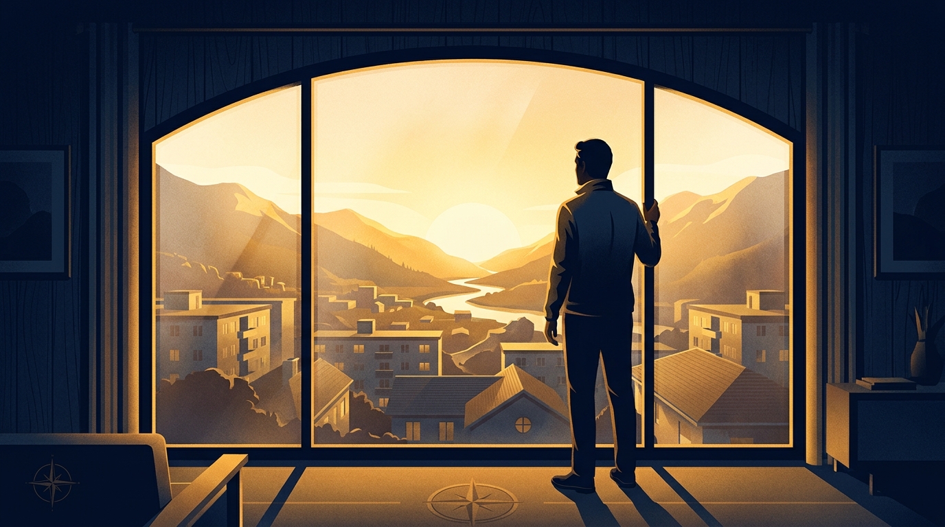 An operator stands at a large arched window at sunrise, hands at his sides, looking out over a Treasure Valley townscape of low-rise apartment buildings, a river, and distant mountains lit gold by the dawn.